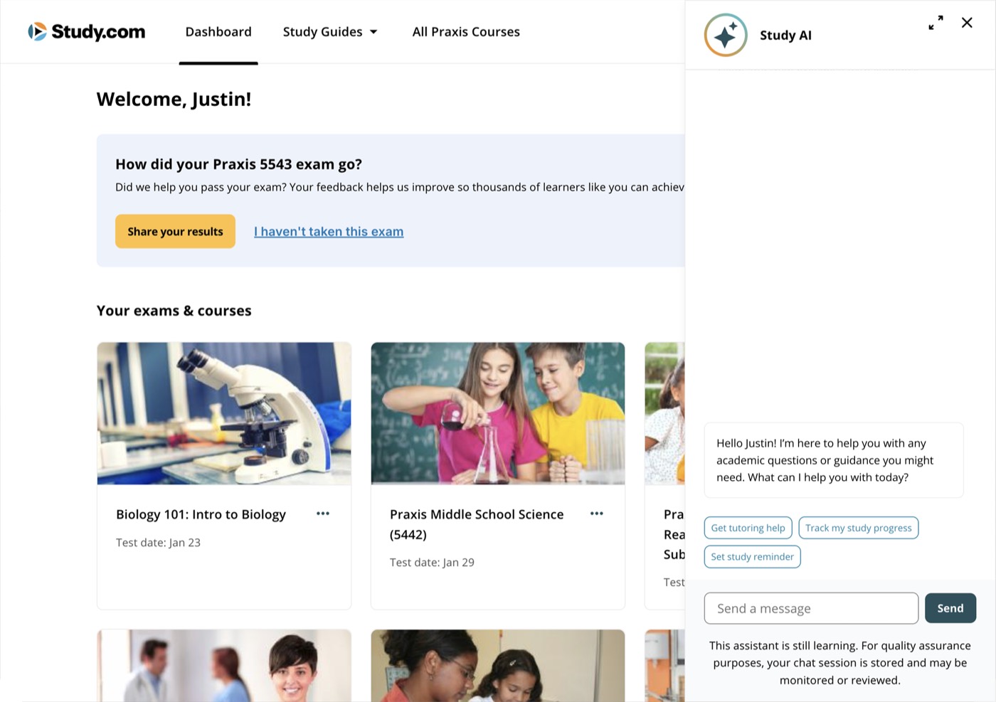 The Study AI panel open beside a Study.com dashboard, greeting the student by name above three suggested chat pills, with exam and course cards behind it.
