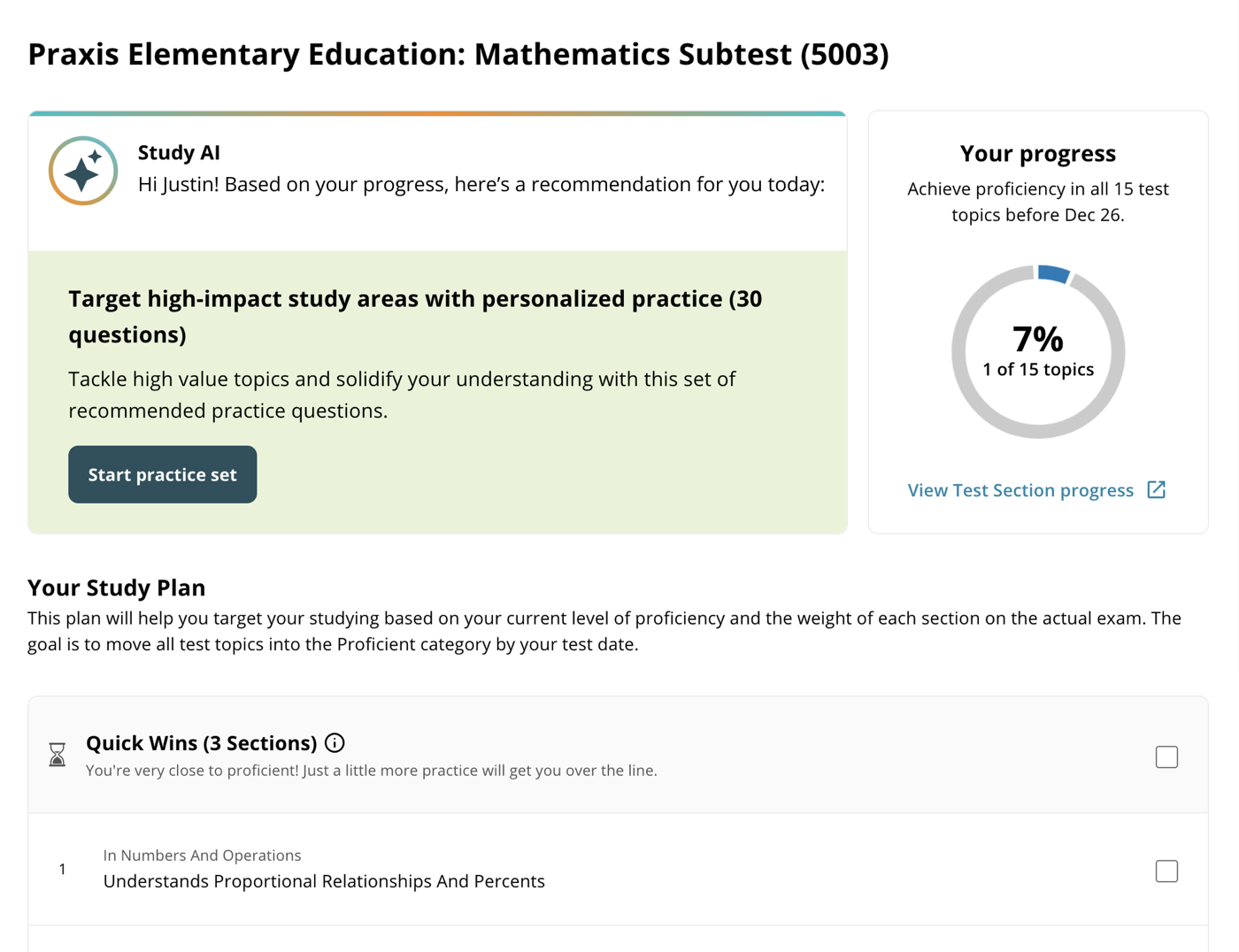 A Praxis Elementary Education study guide: the assistant recommending a 30-question personalised practice set, a progress ring reading 7 percent, and a study plan listing quick wins.