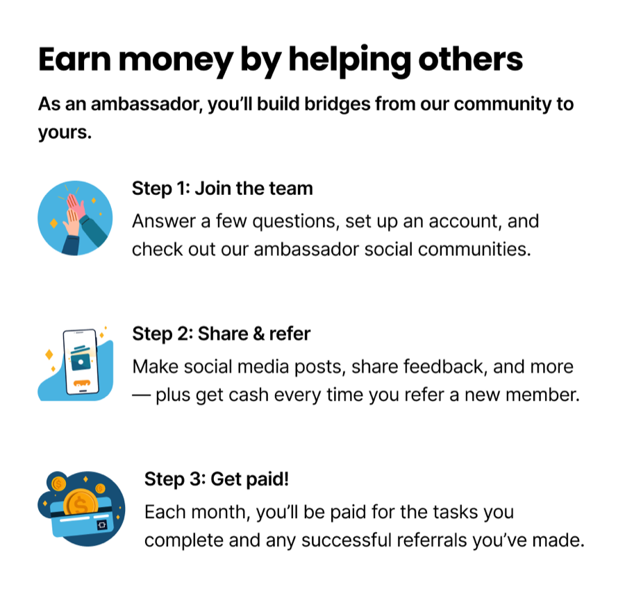 An Earn money by helping others panel with three illustrated steps: join the team, share and refer, and get paid.