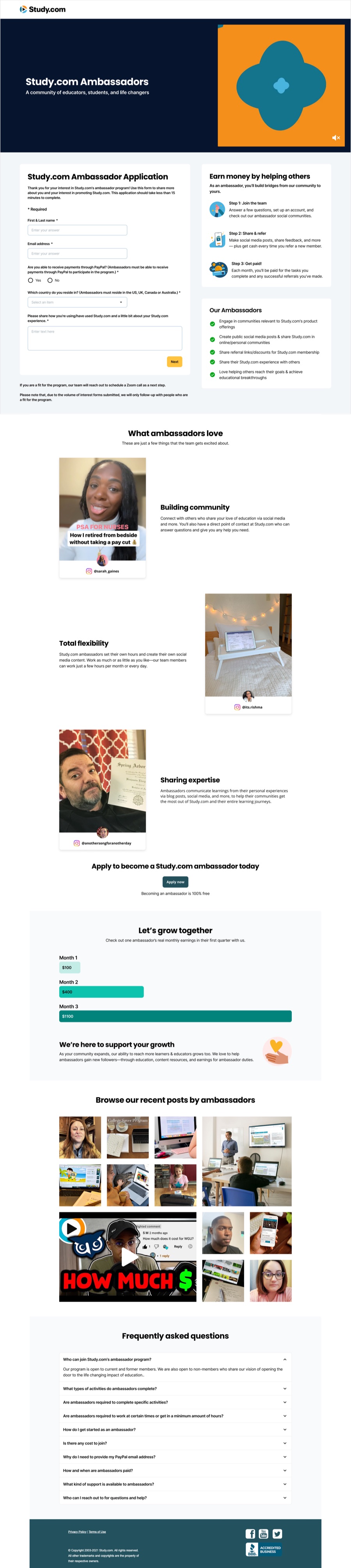 The full Study.com Ambassadors page, from the banner and application form through the ambassador stories, earnings and FAQ.