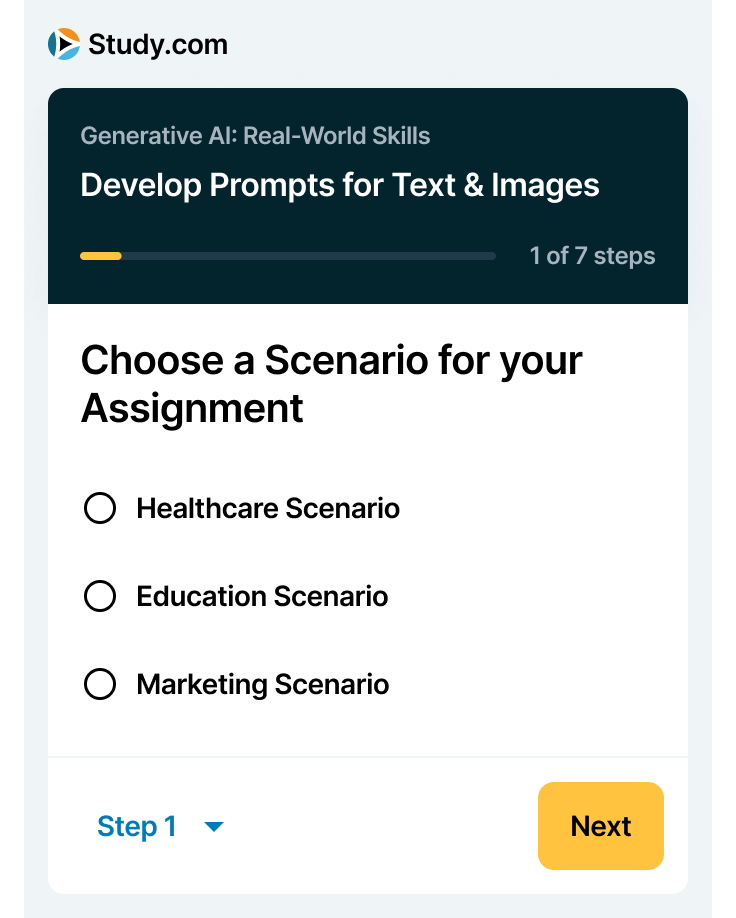 The AI Mastery course panel at step 1 of 7, asking the learner to choose a healthcare, education or marketing scenario for their assignment.
