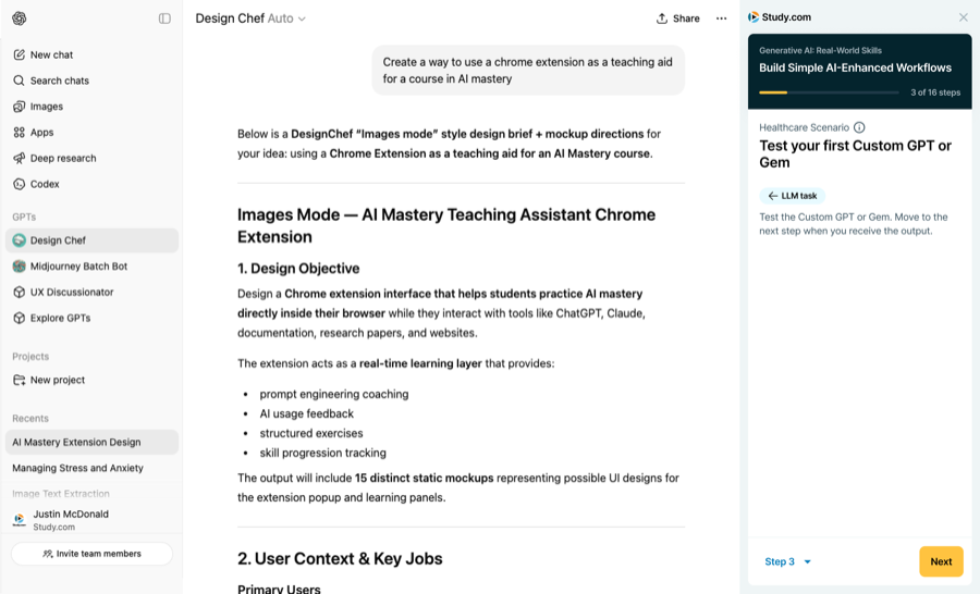 A custom GPT returning a structured design brief, with the course panel beside it on step 3 of a sixteen-step custom GPT task.