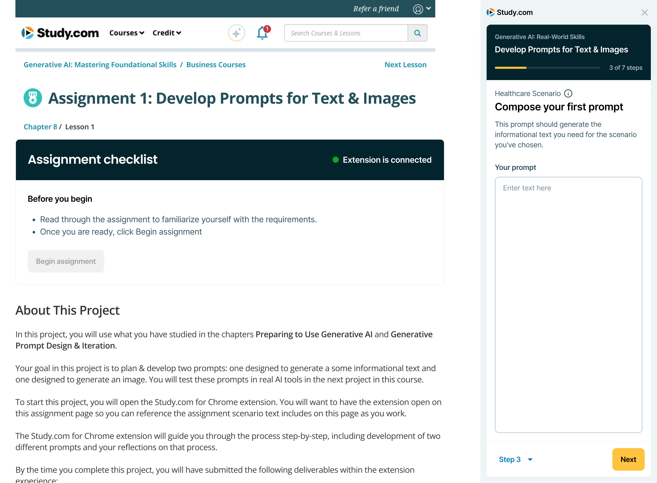 The assignment page showing its checklist, an extension-connected indicator and the project brief, with the extension panel open on the right.