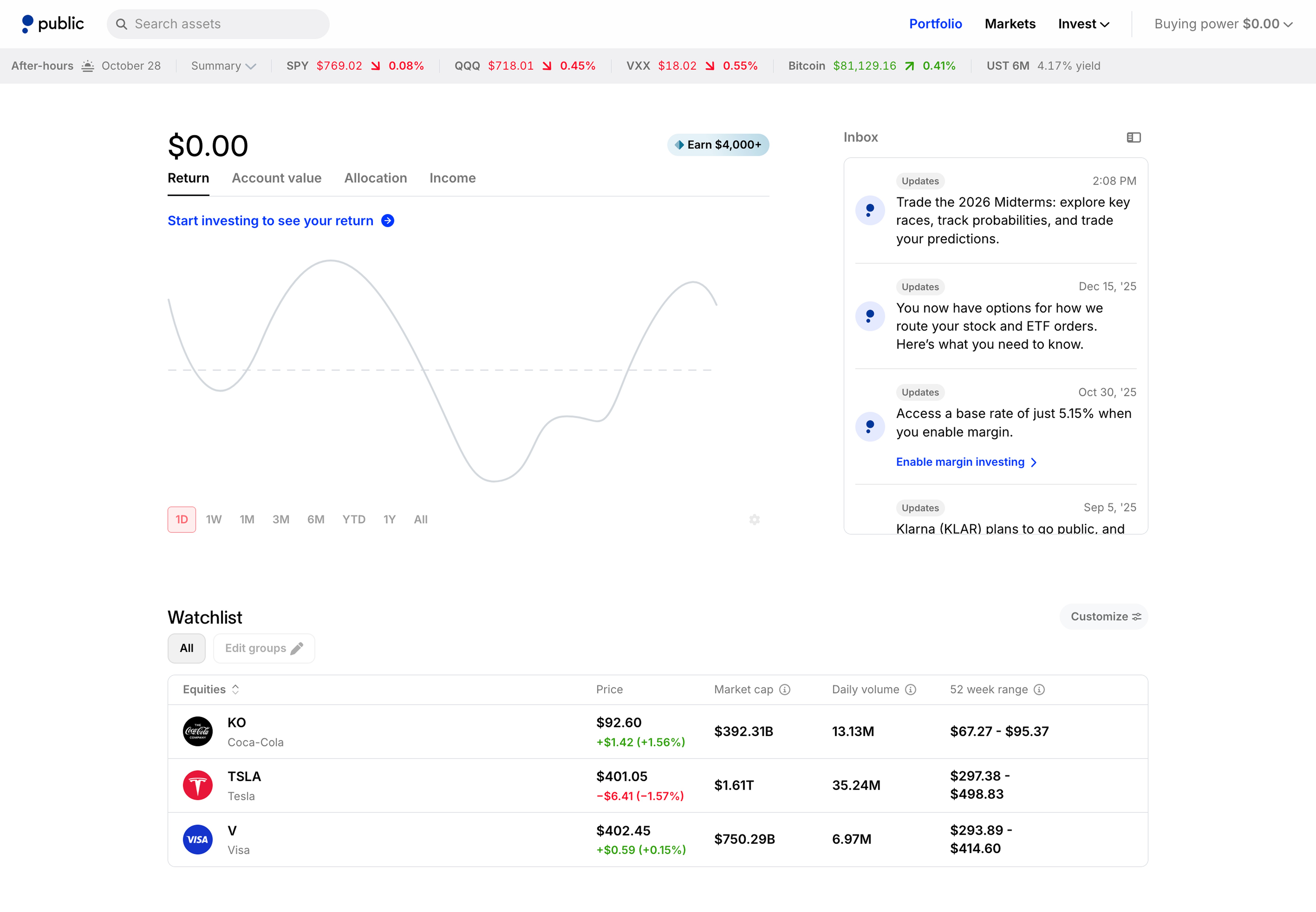 The Public.com web homepage: a search field and market ticker across the top, a portfolio return chart on the left, an inbox of updates on the right, and a watchlist table below.