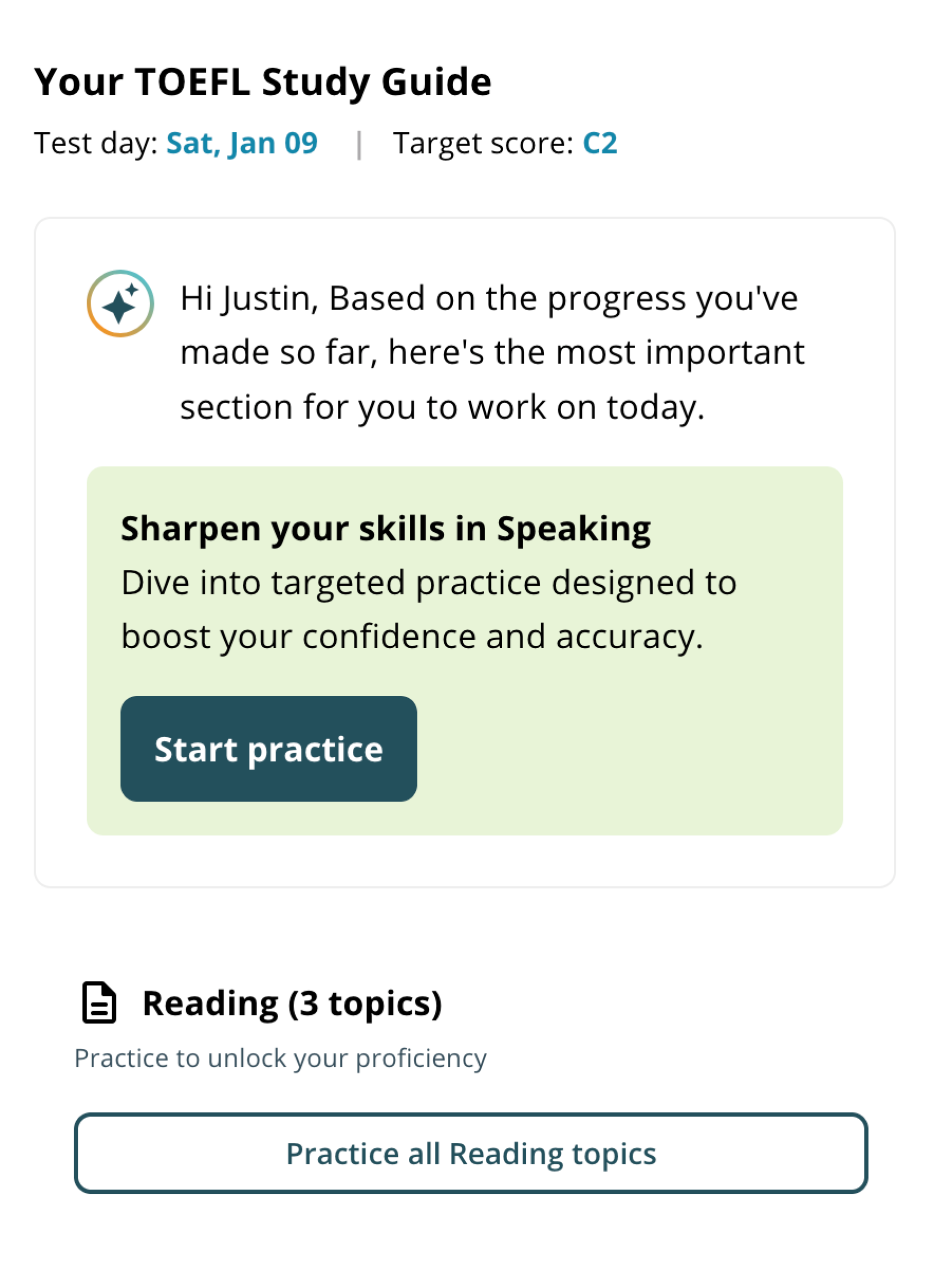 The TOEFL Study Guide: a test date and target score, the AI tutor naming Speaking as the section to work on next, and the exam sections listed beneath.