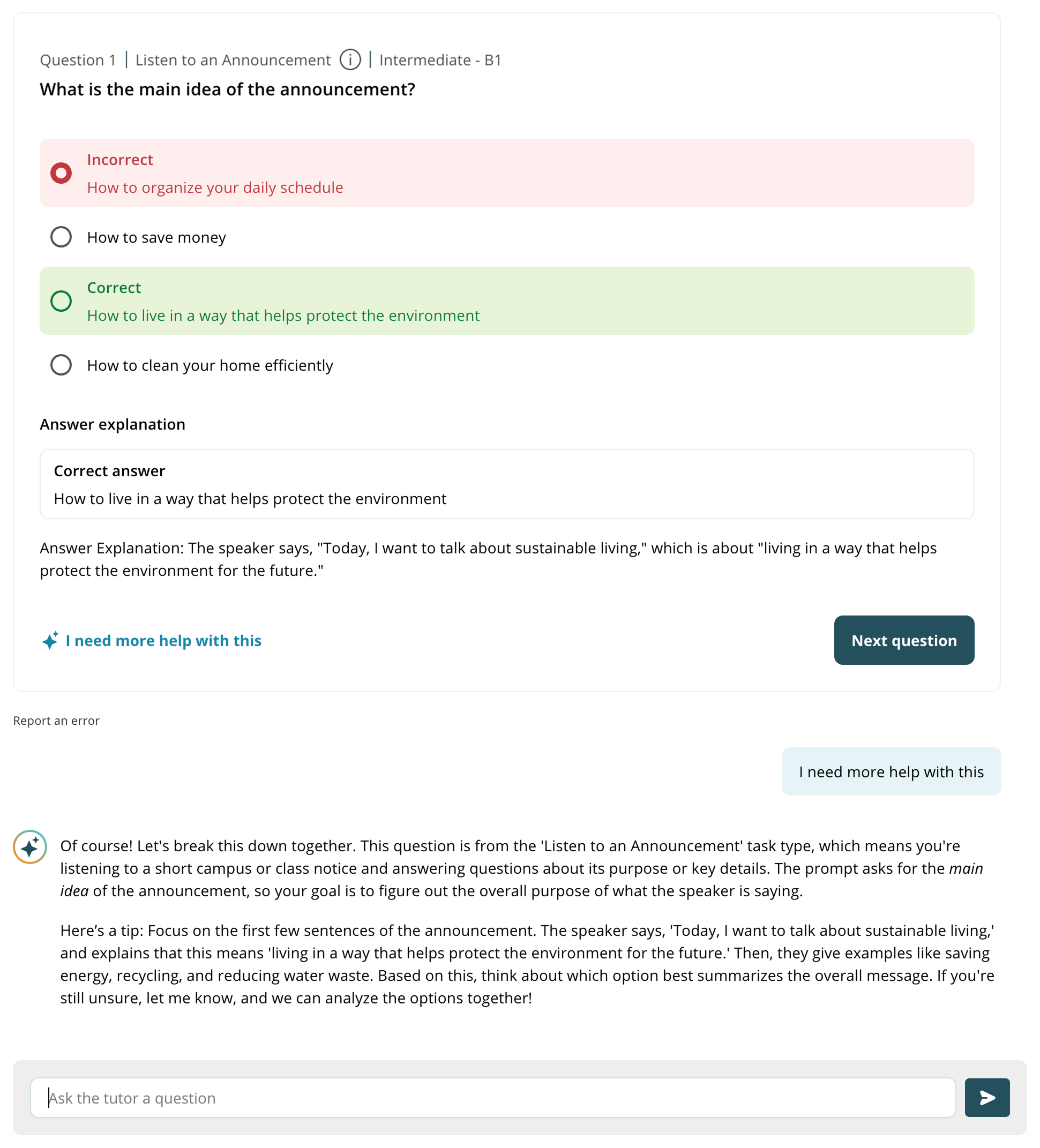 The same question after the learner asks the tutor for help, with the tutor's reply in the conversation.