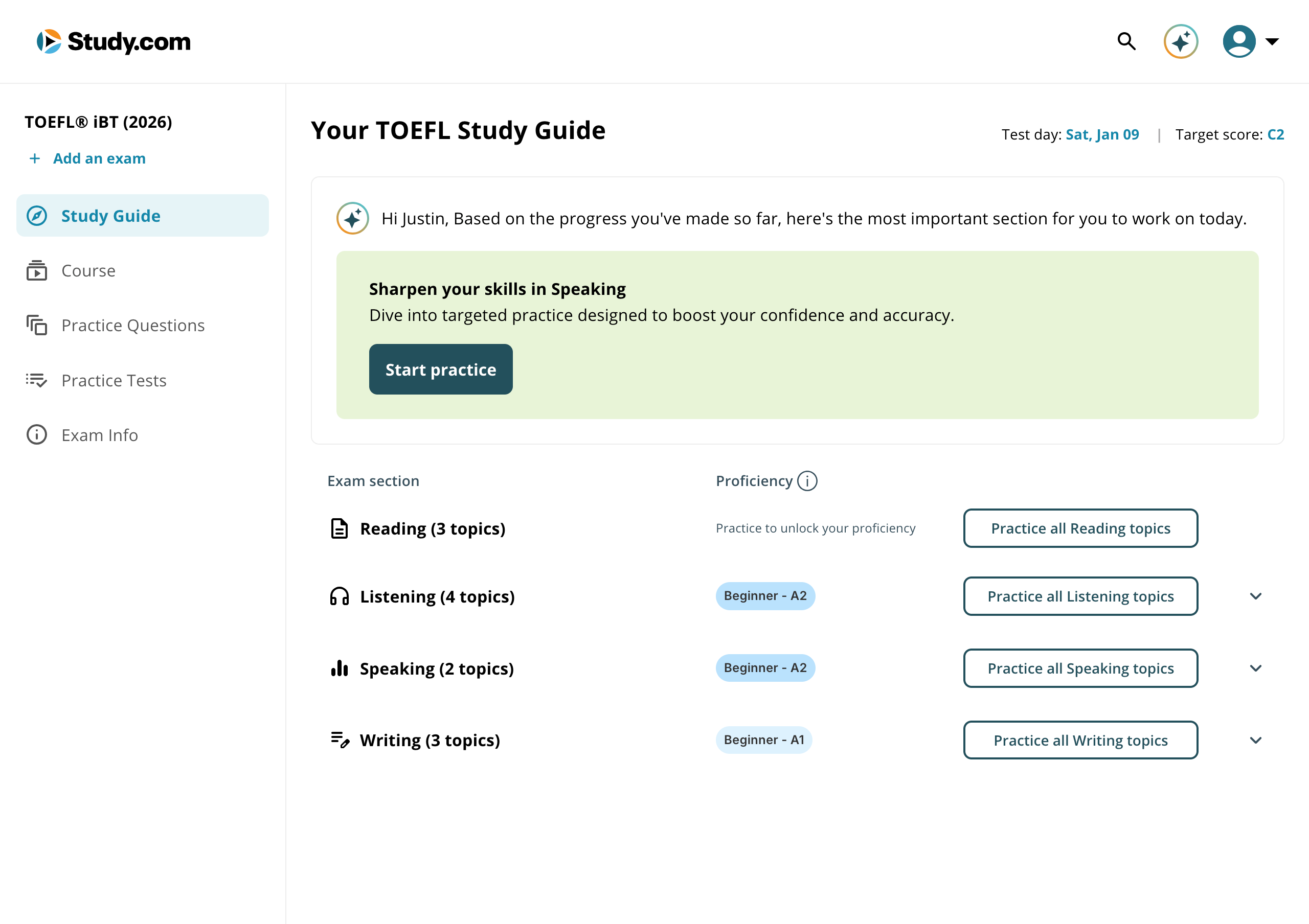 The TOEFL Study Guide on desktop: the AI tutor greeting above a recommended Speaking practice card, with each exam section listed beside its CEFR level.
